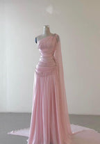 Vintage A Line One Shoulder Pink Chiffon Floor Length Formal Prom Dresses Beads Formal Evening Dresses