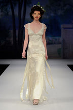 Vintage A Line Small Flying Sleeves Lace Satin Long Formal Evening Dresses Party Dresses