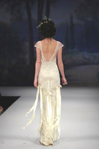 Vintage A Line Small Flying Sleeves Lace Satin Long Formal Evening Dresses Party Dresses
