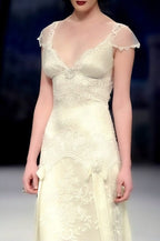 Vintage A Line Small Flying Sleeves Lace Satin Long Formal Evening Dresses Party Dresses