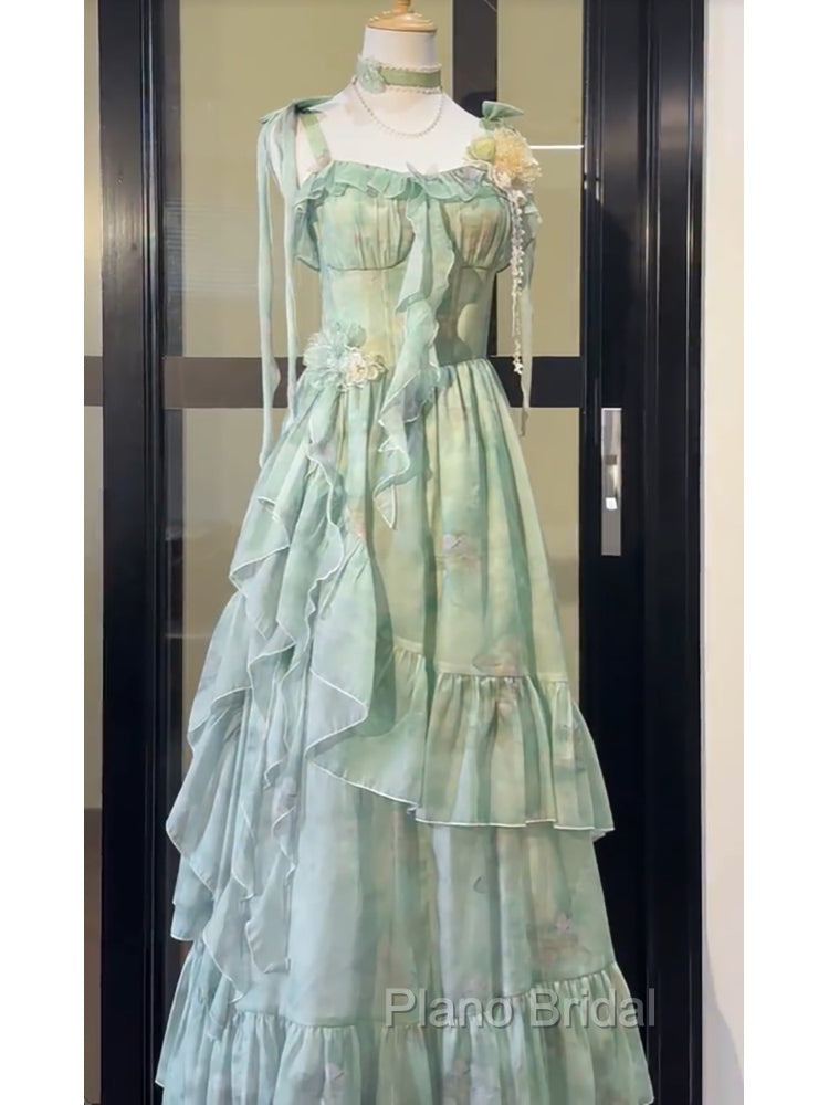 Vintage A Line Spaghetti Straps Green Floral Long Birthday Dresses Formal Prom Dresses Birthday Outfits Secondary image