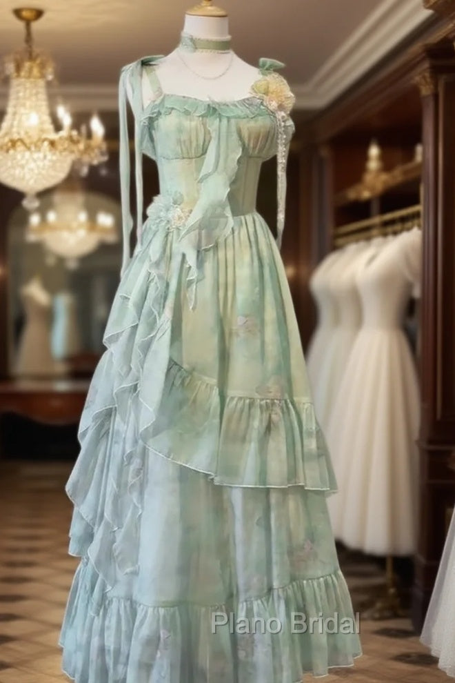 Vintage A Line Spaghetti Straps Green Floral Long Birthday Dresses Formal Prom Dresses Birthday Outfits Main image