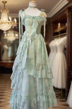 Vintage A Line Spaghetti Straps Green Floral Long Birthday Dresses Formal Prom Dresses Birthday Outfits