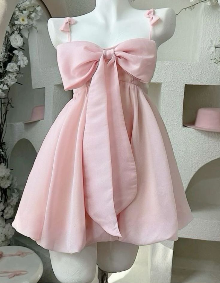 Vintage A Line Spaghetti Straps Pink Satin Bow-Knot Short Mini Formal 8Th Grade Homecoming Dresses Summer Middle School Hoco Dresses Birthday Outfits Secondary image