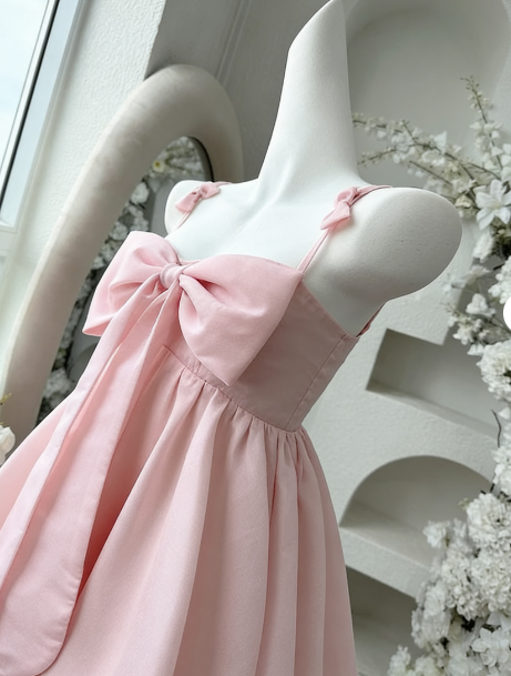 Vintage A Line Spaghetti Straps Pink Satin Bow-Knot Short Mini Formal 8Th Grade Homecoming Dresses Summer Middle School Hoco Dresses Birthday Outfits