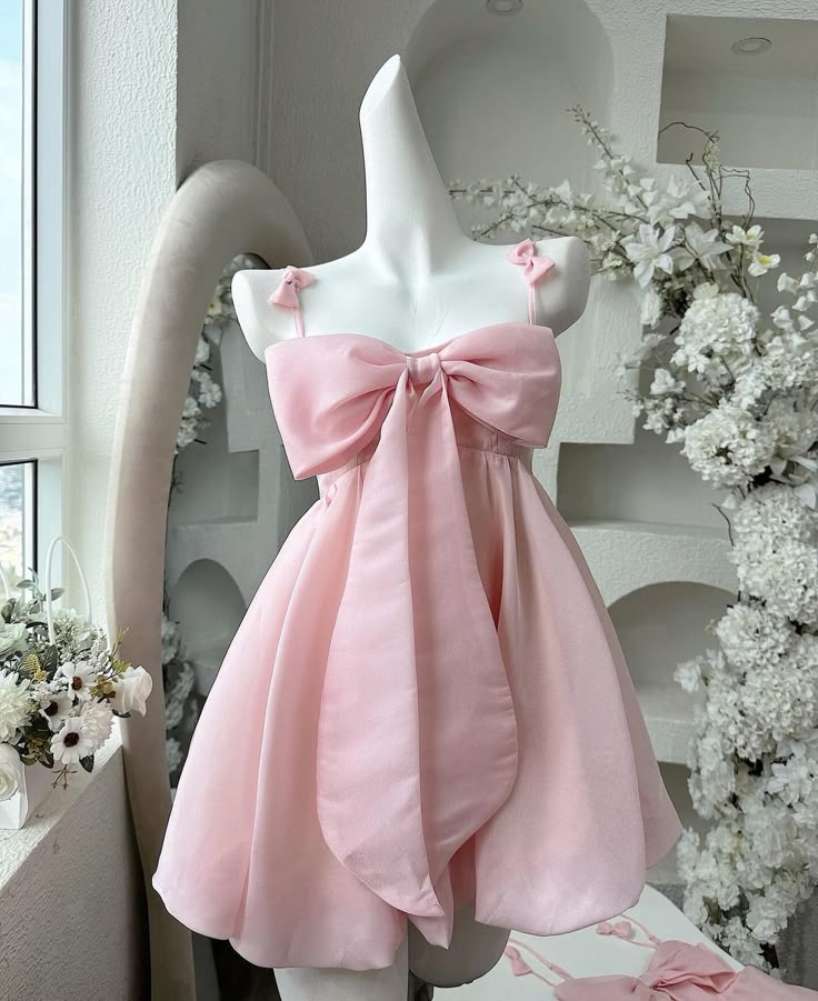 Vintage A Line Spaghetti Straps Pink Satin Bow-Knot Short Mini Formal 8Th Grade Homecoming Dresses Summer Middle School Hoco Dresses Birthday Outfits Main image