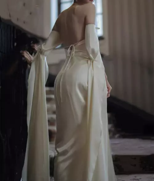 Vintage A Line Strapless Long Sleeves White Silk Satin Backless Wedding Dresses