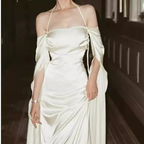 Vintage A Line Strapless Long Sleeves White Silk Satin Backless Wedding Dresses