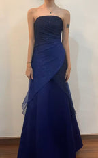 Vintage A Line Strapless Navy Blue Long Formal Prom Dresses