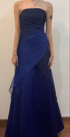 Vintage A Line Strapless Navy Blue Long Formal Prom Dresses
