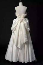 Vintage A Line Strapless Satin White Long Wedding Dresses Brides Dresses