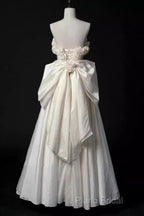 Vintage A Line Strapless Satin White Long Wedding Dresses Brides Dresses