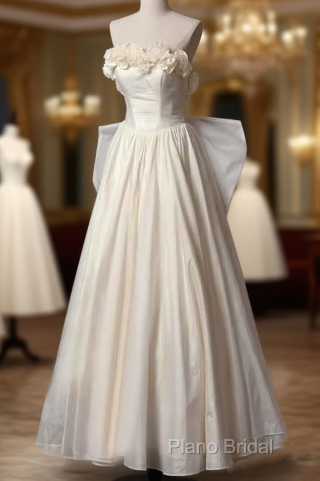 Vintage A Line Strapless Satin White Long Wedding Dresses Brides Dresses Main image