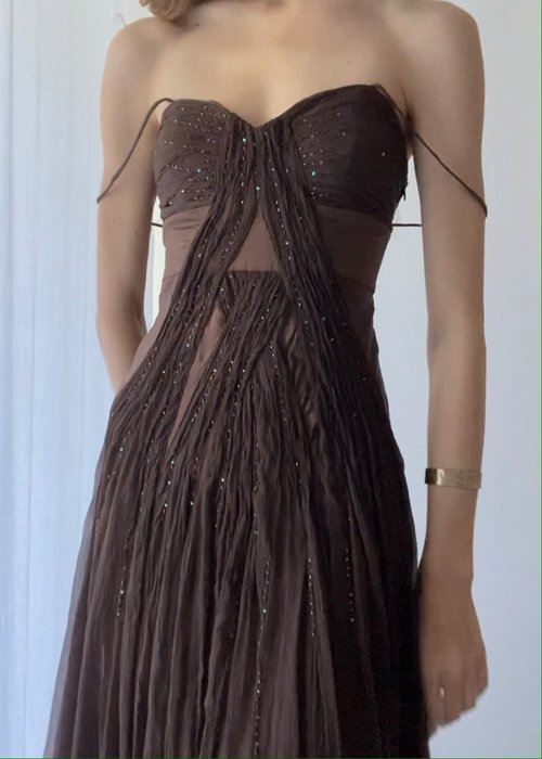 Vintage A Line Straps Floor Length Brown Formal Prom Dresses