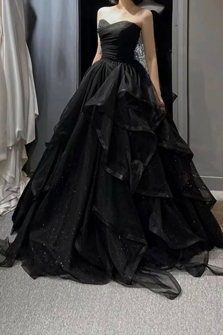 Vintage A Line Strapless Sleeveless Long Black Formal Prom Dresses