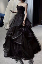 Vintage A Line Strapless Sleeveless Long Black Formal Prom Dresses