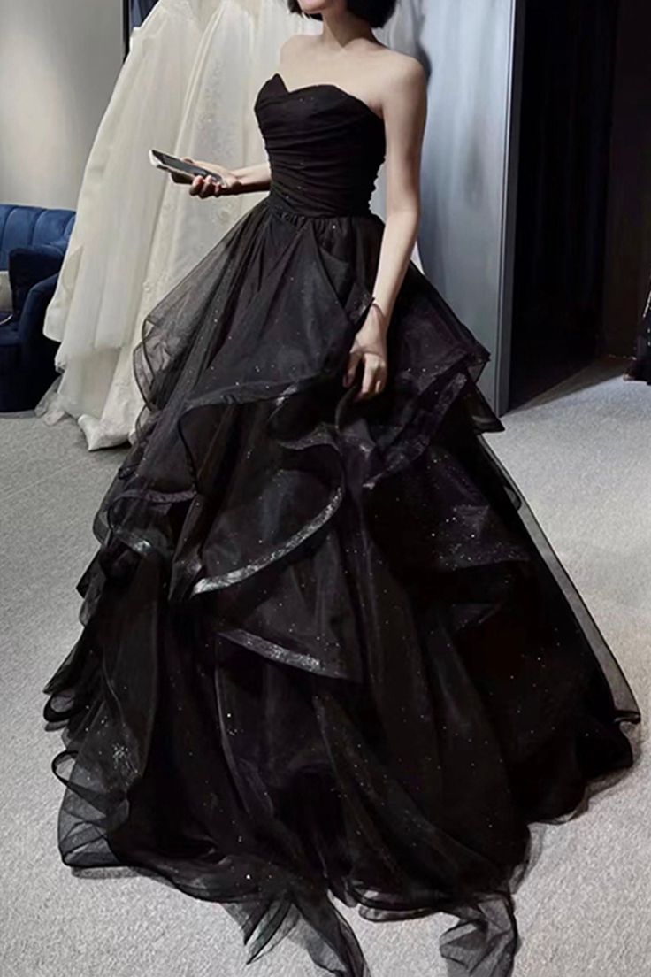 Vintage A Line Strapless Sleeveless Long Black Formal Prom Dresses