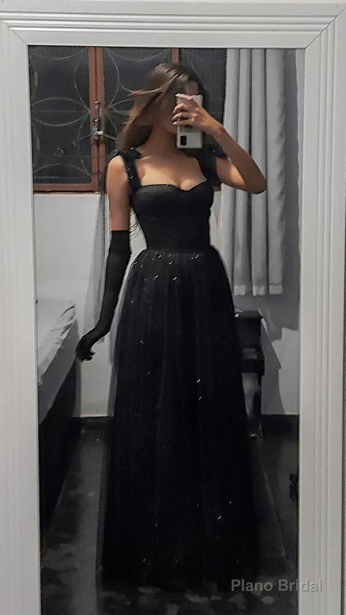 Vintage A line Straps Sleeveless Long Tulle Black Prom Dress Main image