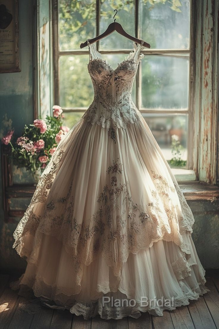 Vintage A-Line Sweetheart Neck Tulle Lace Long Formal Prom Dresses Applique Sweet Flower Formal Dresses Secondary image