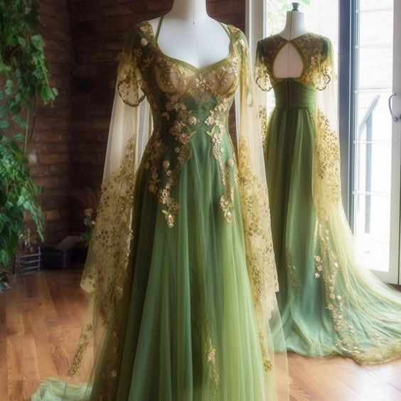 Vintage A Line  Tulle Sage Green Formal Prom Dresses Main image