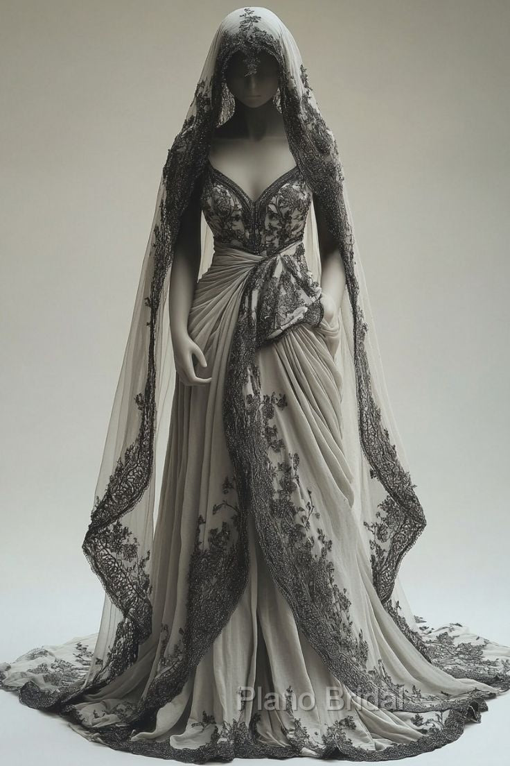 Vintage A-Line V-Neck Lace Appliqu Long Formal Prom Dresses With Veil Wedding Dresses Secondary image