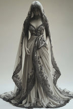 Vintage A-Line V-Neck Lace Appliqu Long Formal Prom Dresses With Veil Wedding Dresses