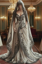 Vintage A-Line V-Neck Lace Appliqu Long Formal Prom Dresses With Veil Wedding Dresses