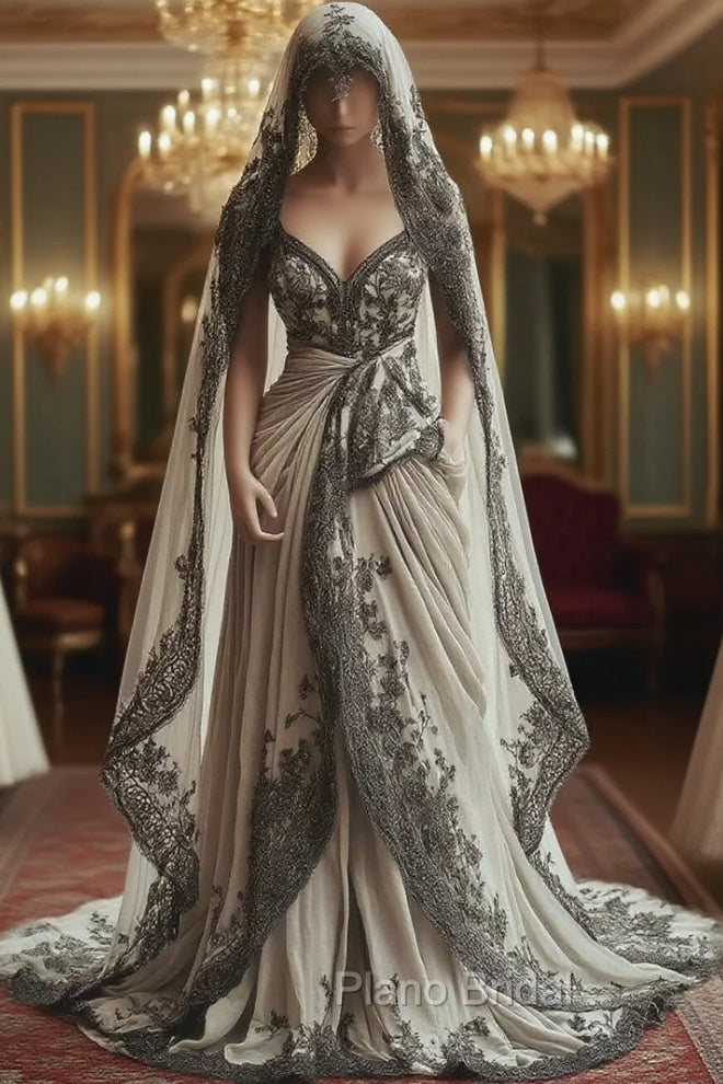Vintage A-Line V-Neck Lace Appliqu Long Formal Prom Dresses With Veil Wedding Dresses