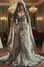 Vintage A-Line V-Neck Lace Appliqu Long Formal Prom Dresses With Veil Wedding Dresses