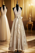 Vintage A Line V Neckline Champagne Lace Formal Prom Gown Fairy Formal Prom Dresses