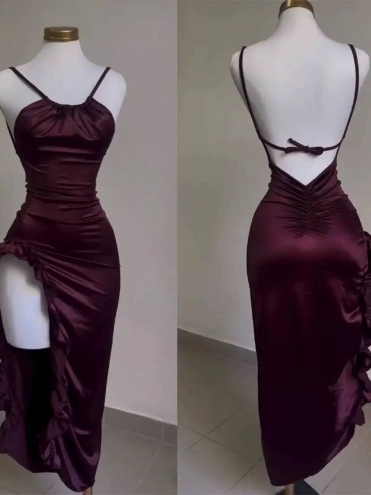 Vintage Backless Ruffle Asymmetrical Midi Length Party Dresses