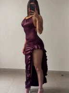 Vintage Backless Ruffle Asymmetrical Midi Length Party Dresses