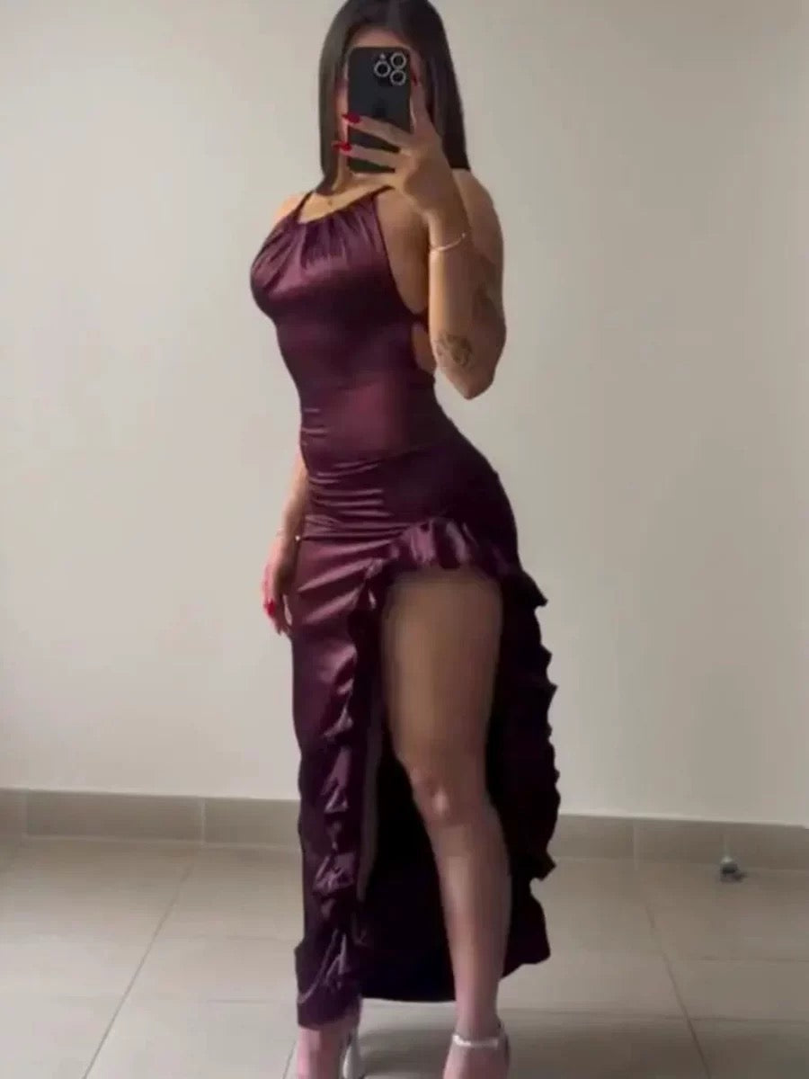 Vintage Backless Ruffle Asymmetrical Midi Length Party Dresses