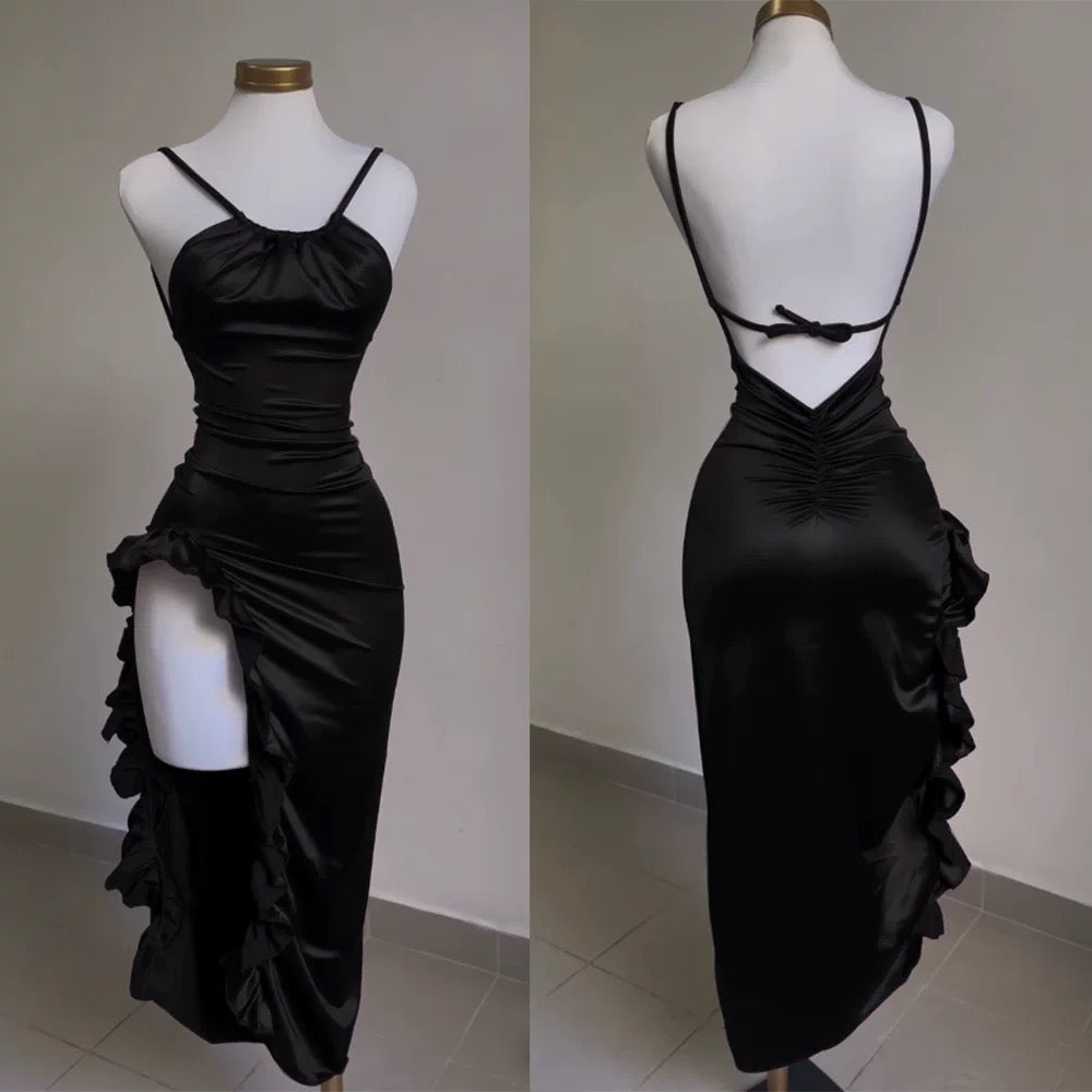 Vintage Backless Ruffle Asymmetrical Midi Length Party Dresses