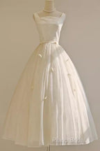 Vintage Ball Gown Bateau White Tea Length Wedding Dresses Brides Dresses