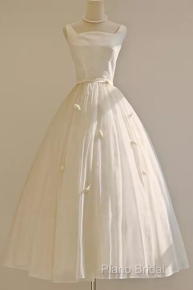 Vintage Ball Gown Bateau White Tea Length Wedding Dresses Brides Dresses