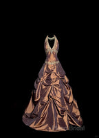 Vintage Ball Gown Halter Brown Sleeveless Long Formal Prom Gown Fairy Formal Prom Dresses