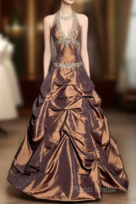 Vintage Ball Gown Halter Brown Sleeveless Long Formal Prom Gown Fairy Formal Prom Dresses Main image