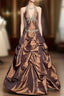 Vintage Ball Gown Halter Brown Sleeveless Long Formal Prom Gown Fairy Formal Prom Dresses