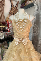 Vintage Ball Gown Spaghetti Straps Sleeveless Long Gold Formal Dresses Formal Prom Dresses