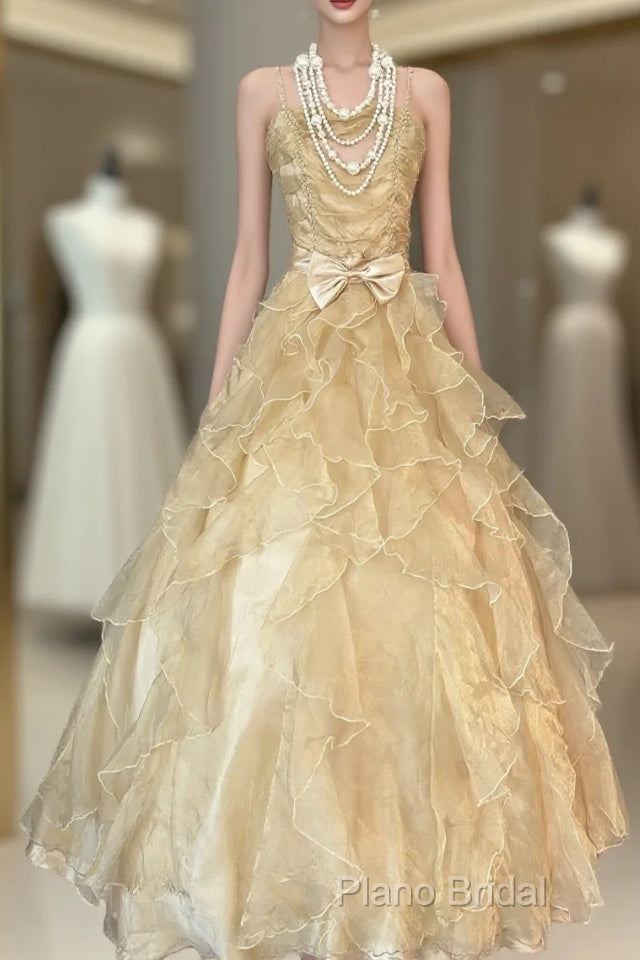 Vintage Ball Gown Spaghetti Straps Sleeveless Long Gold Formal Dresses Formal Prom Dresses Main image