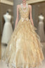 Vintage Ball Gown Spaghetti Straps Sleeveless Long Gold Formal Dresses Formal Prom Dresses