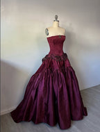 Vintage Ball Gown Strapless Burgundy Sleeveless Satin 90S Classy Formal Prom Dresses Inspiration Party Dresses Princess Graduation Dresses
