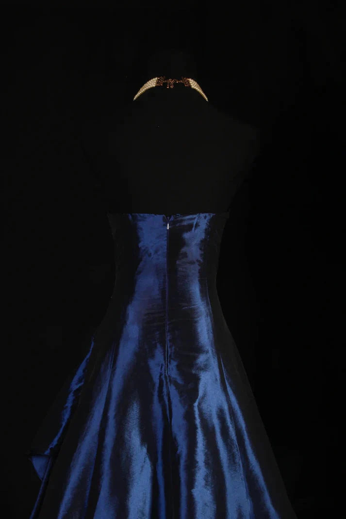 Vintage Ball Gown Strapless Navy Blue Satin Long Formal Prom Dresses Party Dresses
