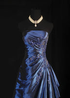 Vintage Ball Gown Strapless Navy Blue Satin Long Formal Prom Dresses Party Dresses