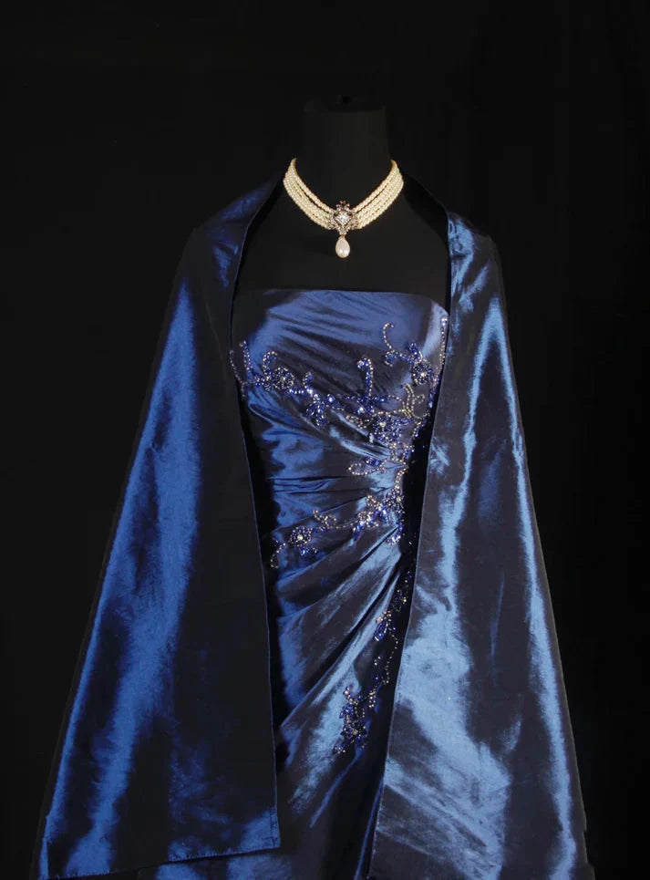 Vintage Ball Gown Strapless Navy Blue Satin Long Formal Prom Dresses Party Dresses
