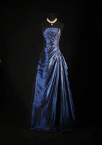 Vintage Ball Gown Strapless Navy Blue Satin Long Formal Prom Dresses Party Dresses