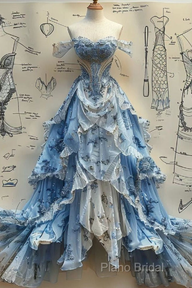 Vintage Ball Gown Strapless Off The Shoulder Blue Lace Formal Prom Dresses Party Dresses