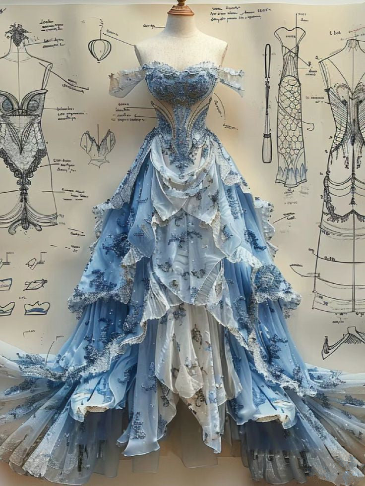 Vintage Ball Gown Strapless Off The Shoulder Blue Lace Formal Prom Dresses Party Dresses Main image