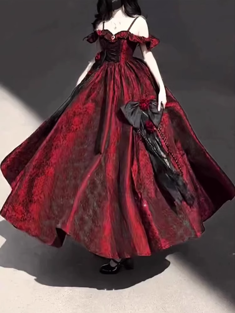 Vintage Ball Gown Straps Long Burgundy Ruffles Lace Formal Prom Dresses Birthday Outfits